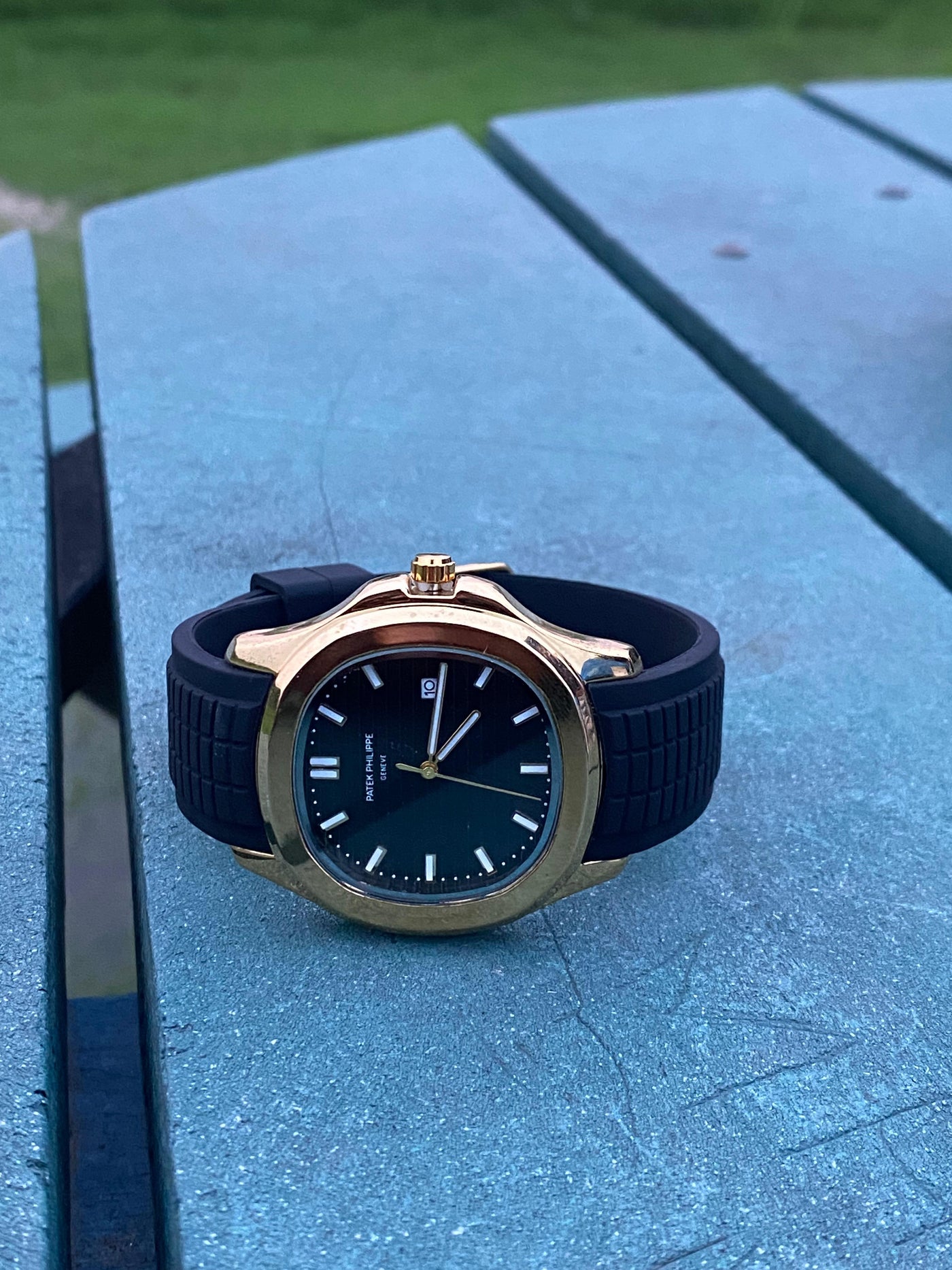 Patek Style Nautilus – Gold Case with Black Rubber Strap