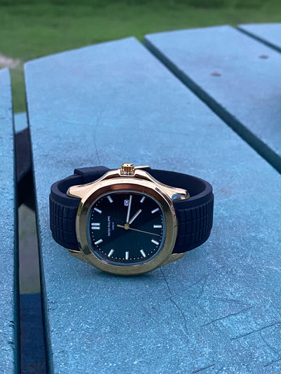 Patek Style Nautilus – Gold Case with Black Rubber Strap